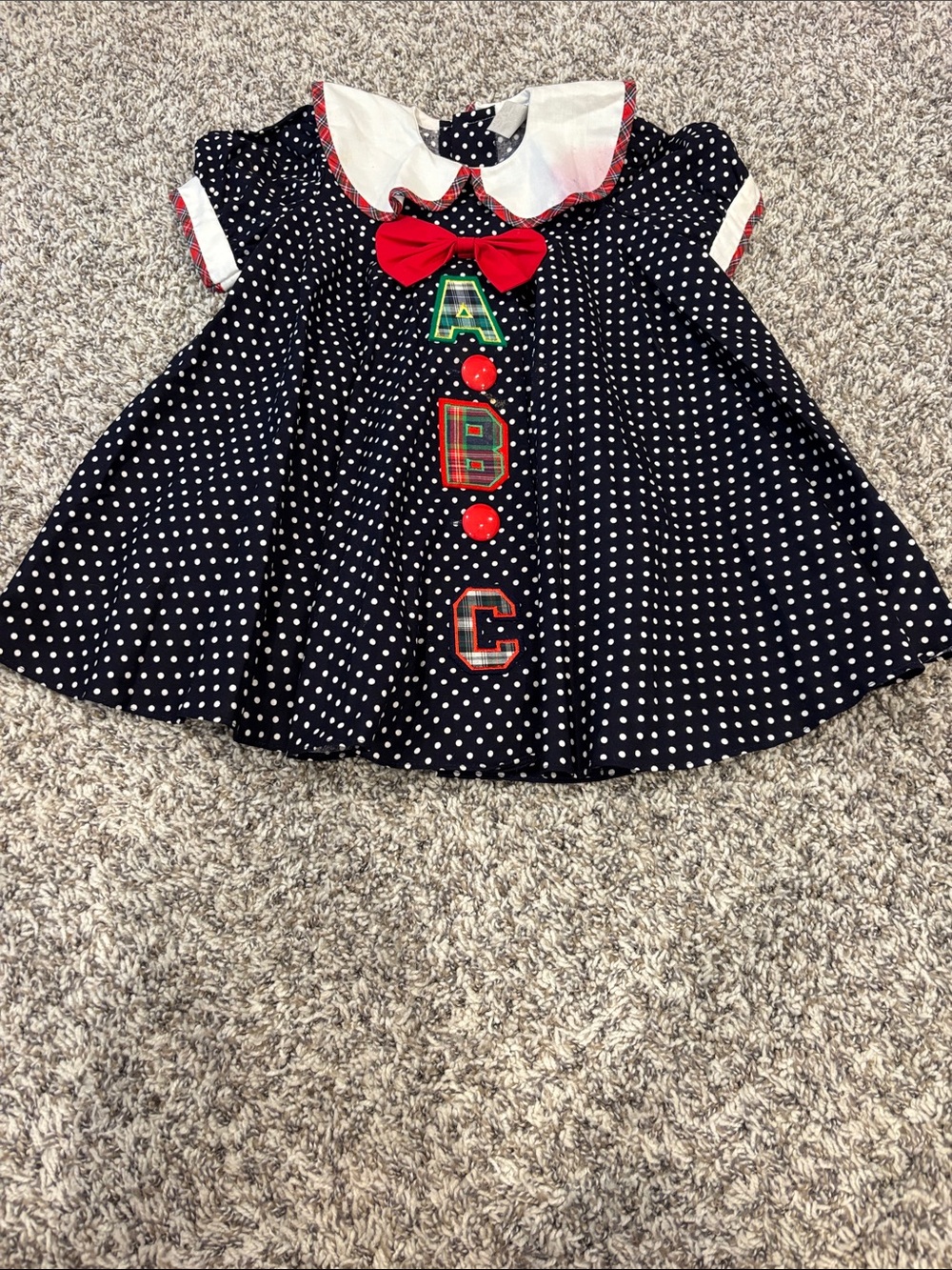 Vintage Peaches & Cream Navy Polka Dot ABC Bow Trim Kids Dress